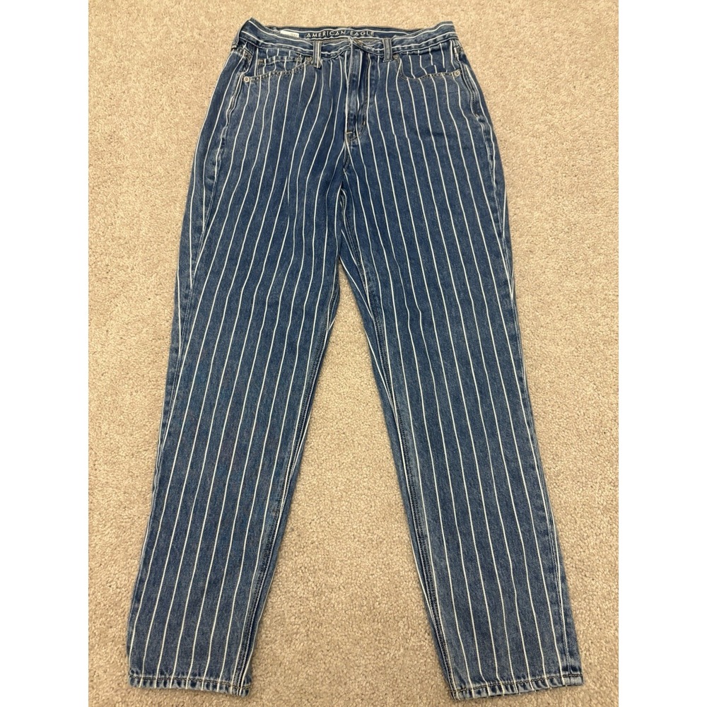 American Eagle Mom Jeans Womens 6R Blue Denim Striped High Rise Y2K